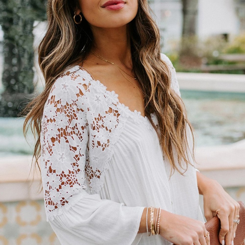 New Boho White Lace Button Front Blouse Top - Picture 4 of 11